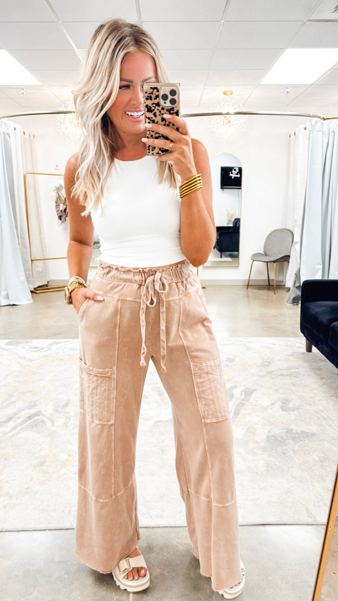 Stonewash Eyelet Pocket Pants-Latte