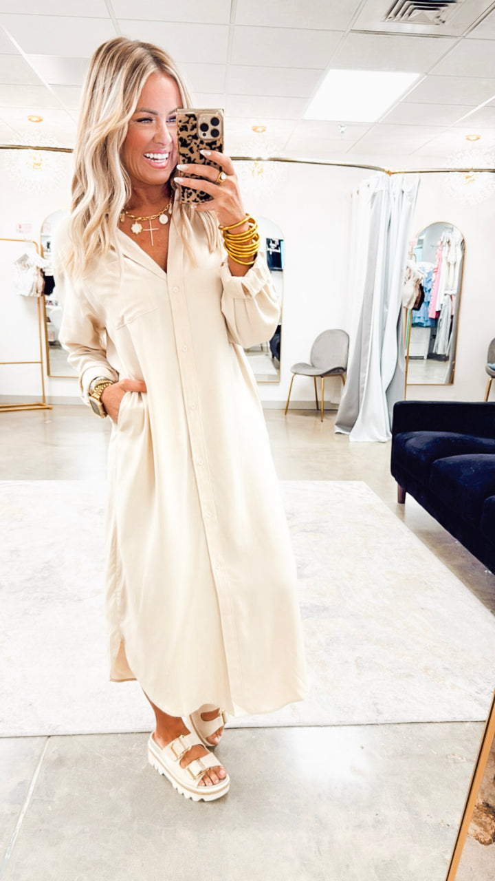 The Elle Oversized Midi Shirt Dress- Taupe