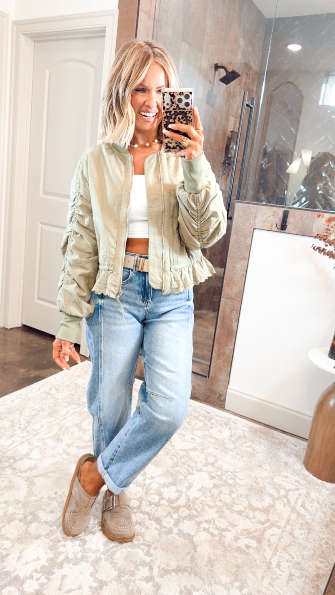 Ruched Sleeve Bomber Jacket-Light Olive