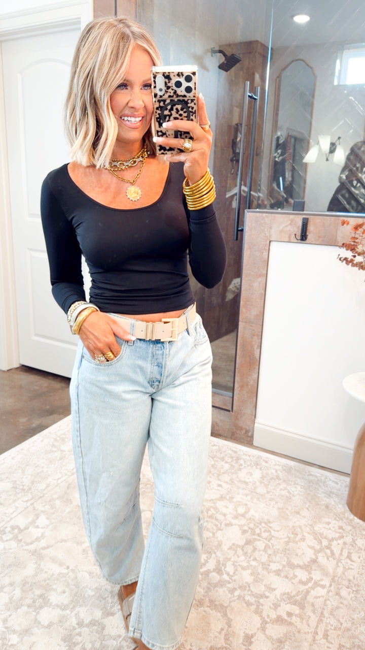 Basic Long Sleeve Scoop Neck Top-Black