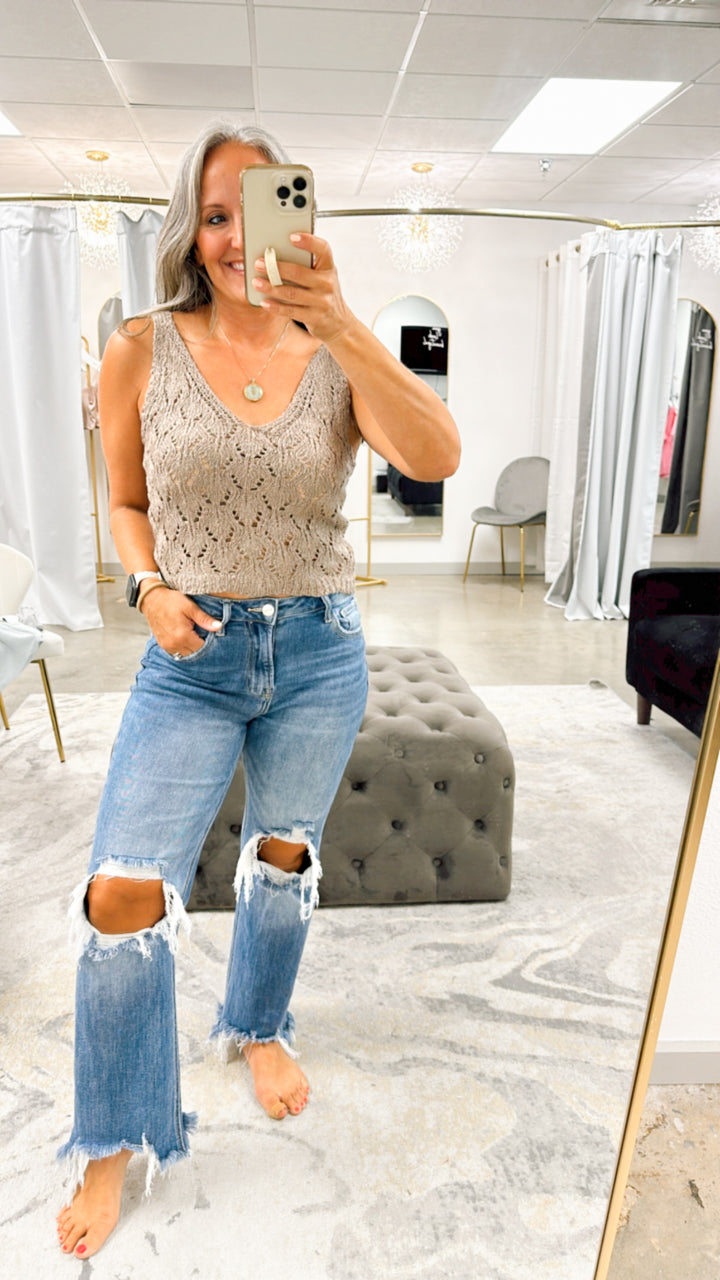 Delicate Pointelle Crochet Tank Mocha