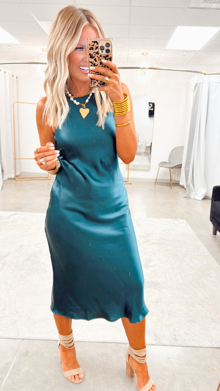 Satin Charm Midi Dress-Dark Green