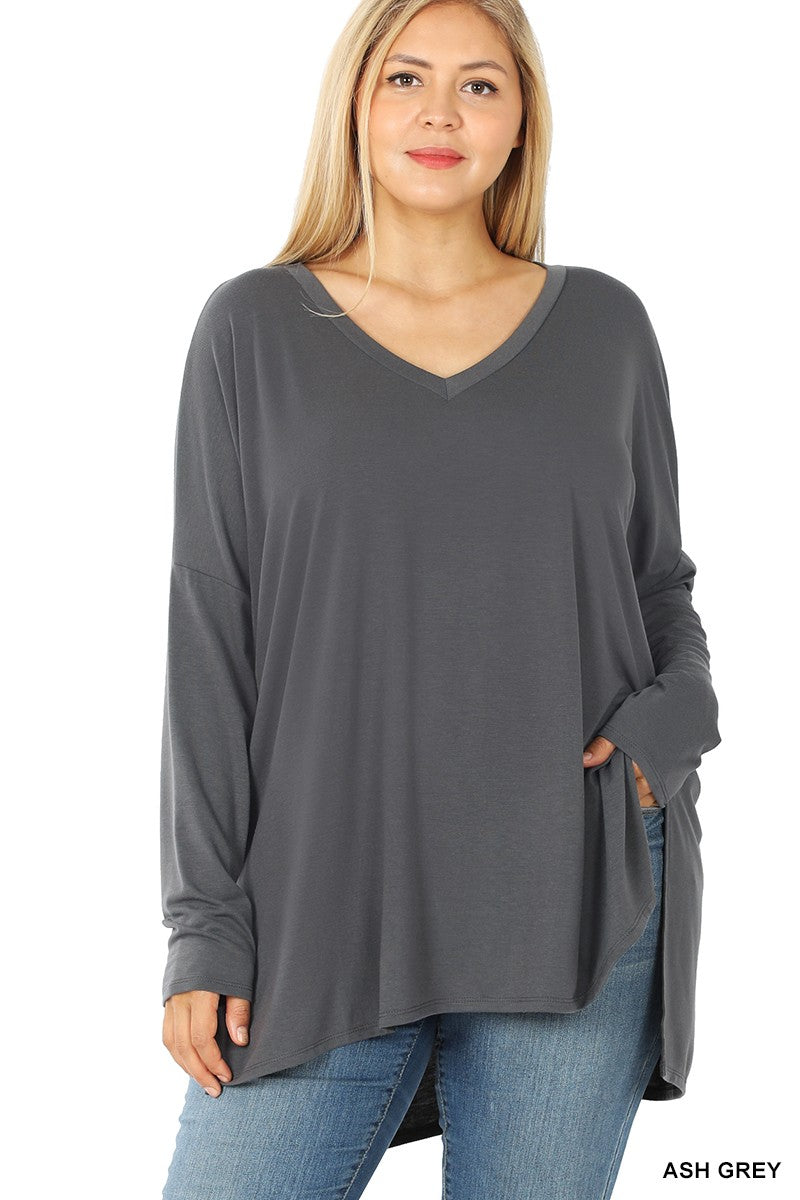 Dolman Sleeve V- Neck Side Slit Hi-Low Hem Curvy Girl Top