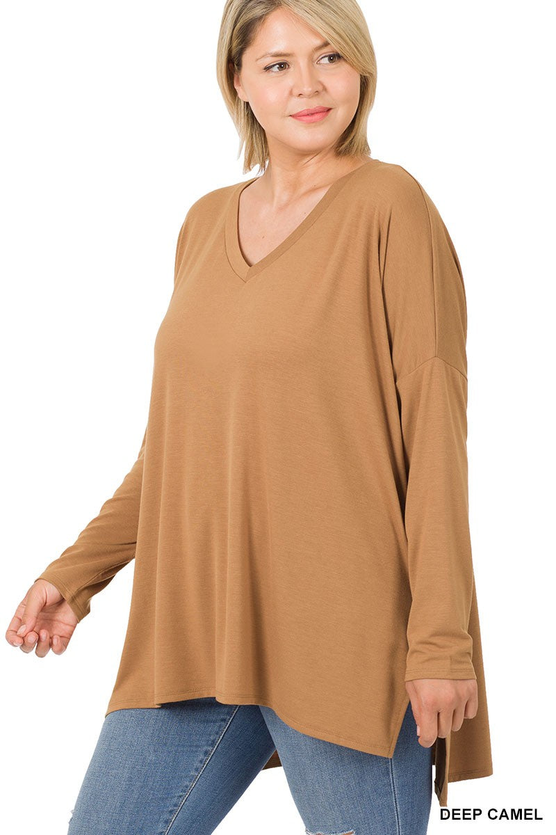 Dolman Sleeve V- Neck Side Slit Hi-Low Hem Curvy Girl Top