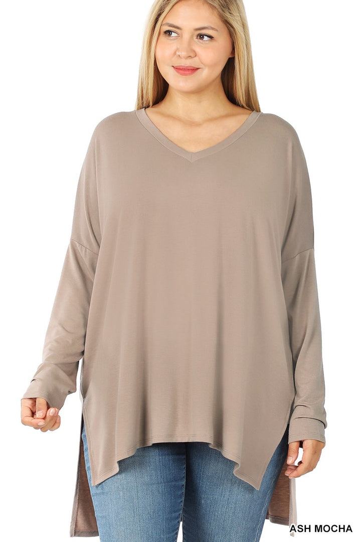 Dolman Sleeve V- Neck Side Slit Hi-Low Hem Curvy Girl Top