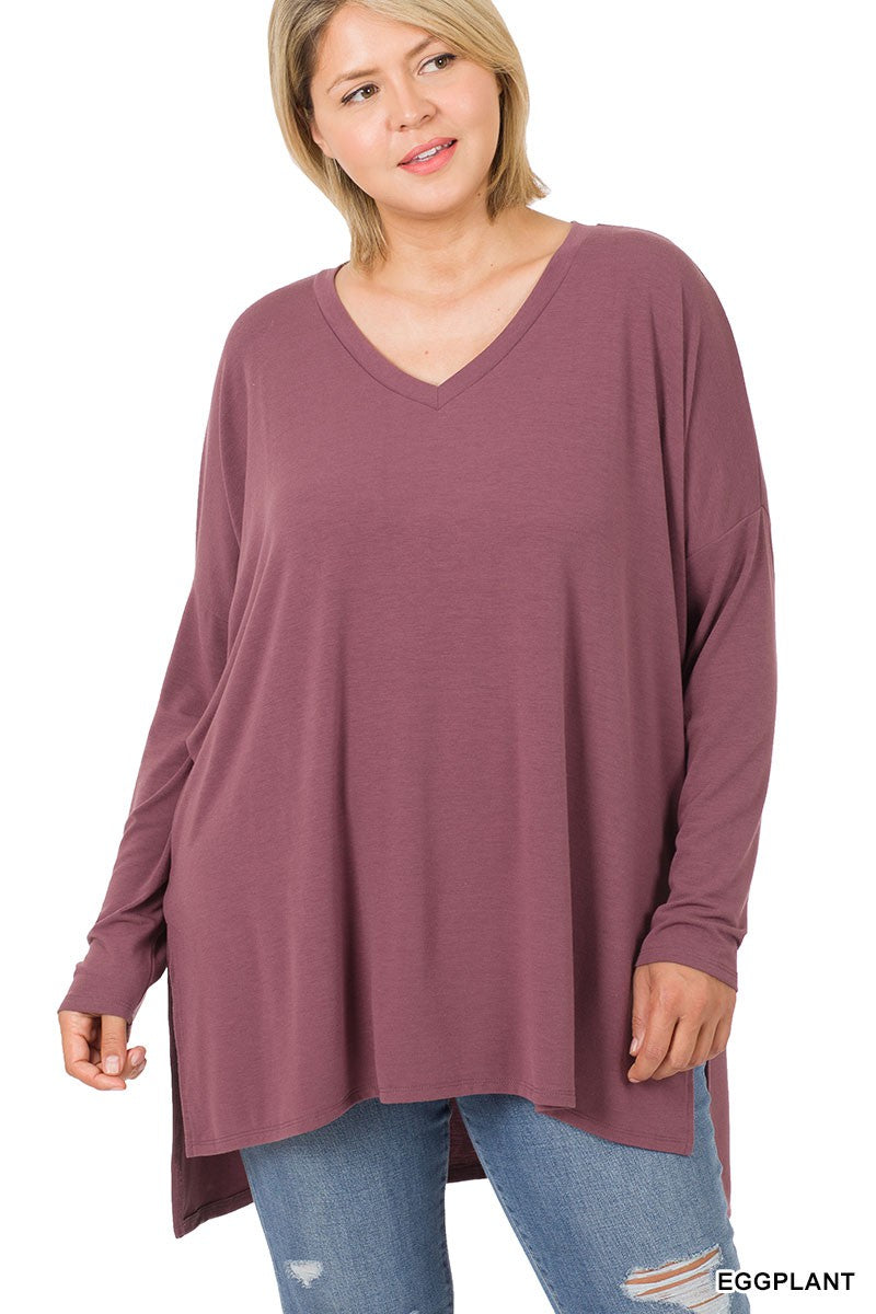 Dolman Sleeve V- Neck Side Slit Hi-Low Hem Curvy Girl Top