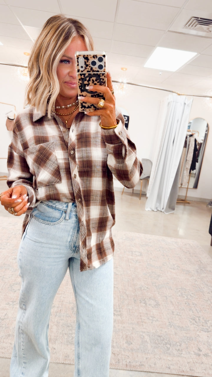 Brown Cozy Plaid Flannel Button-Up