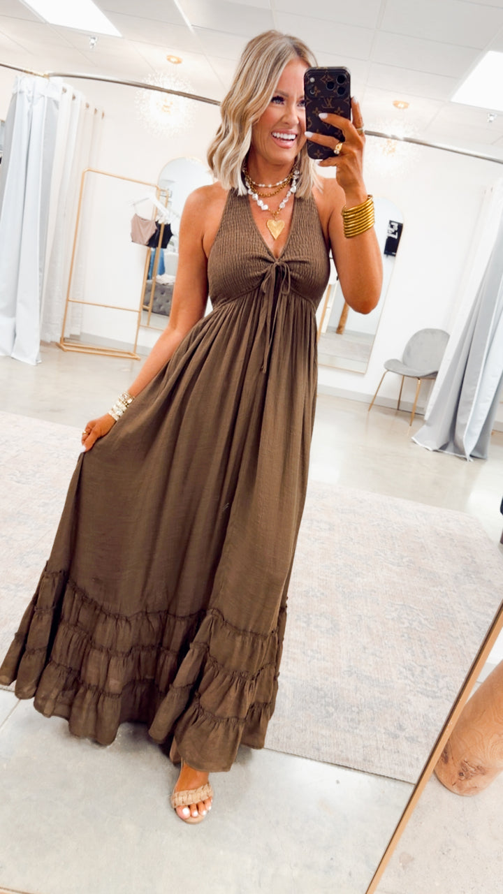 The Lila Halter Maxi Dress-Chocolate