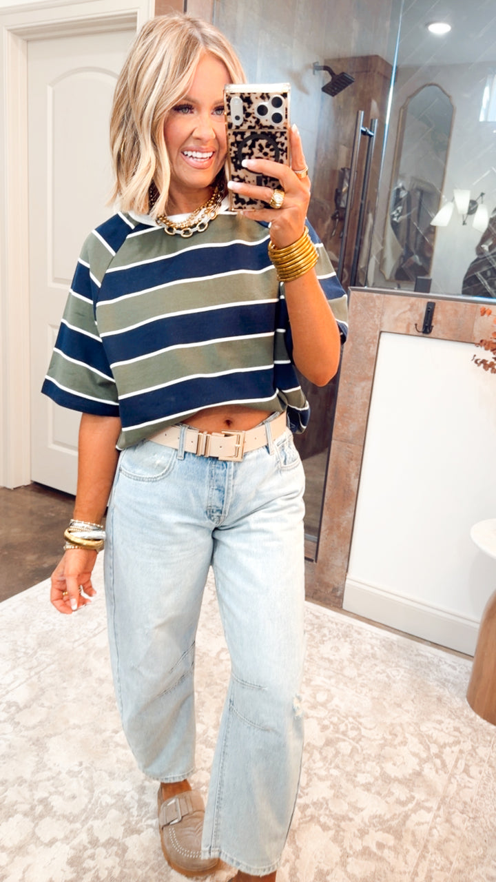 Stripe Edit Top-Olive/Navy