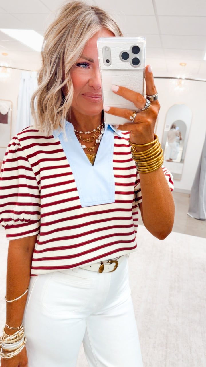 The Charlotte Stripe Top-Maroon
