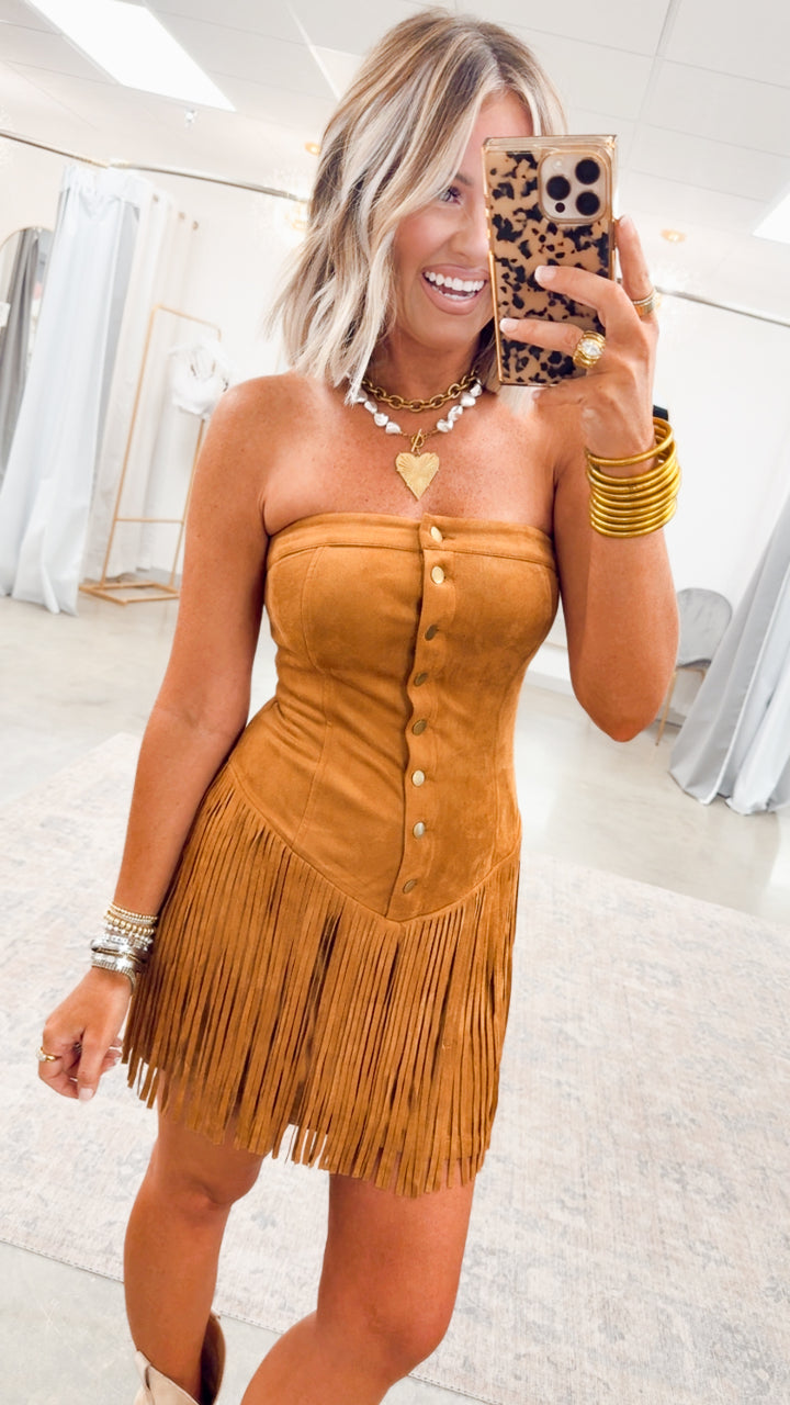 Fringe & Flirt Mini Dress-Camel
