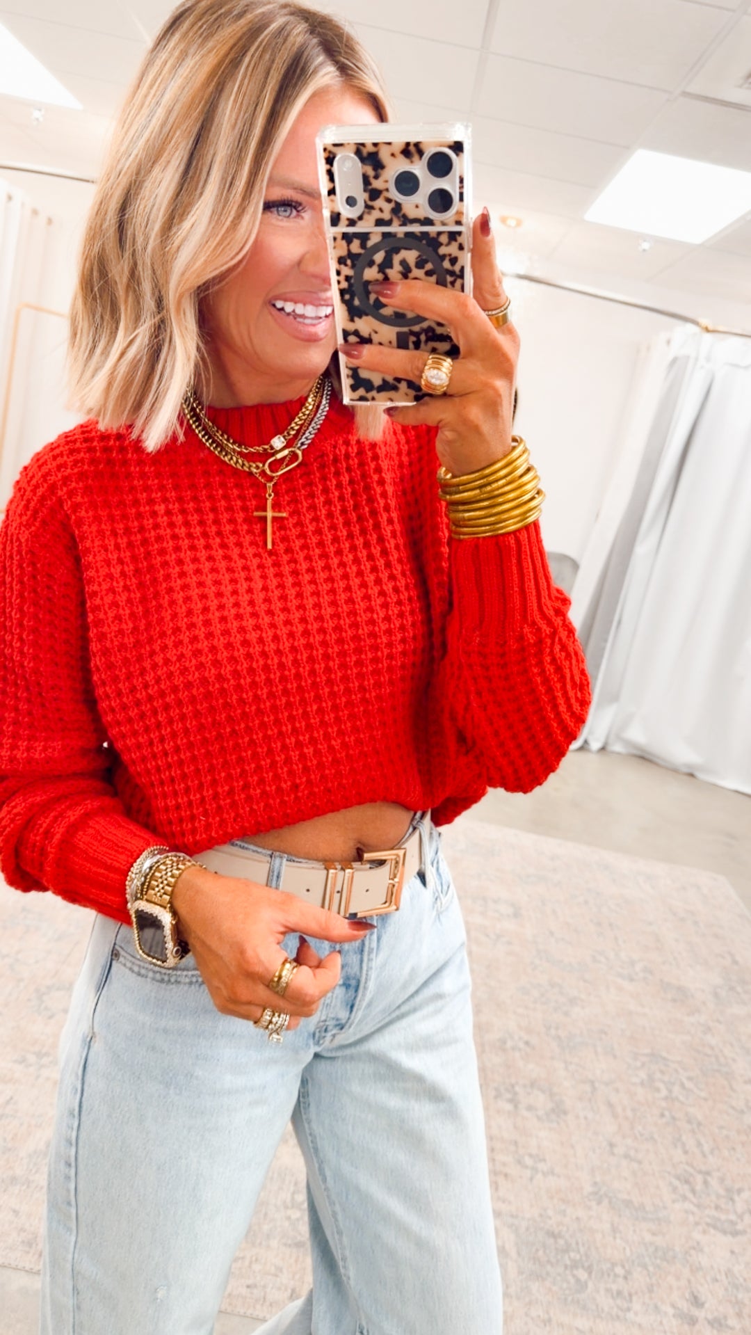 The Maren Hi-Low Waffle Knit-Ruby