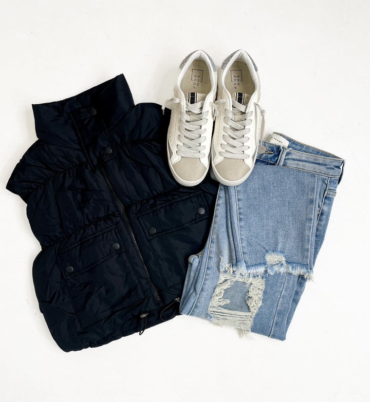 The Riley Cropped Cargo Puffer Vest- Black