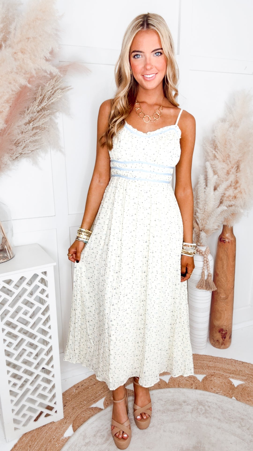 The Briar Floral Midi Dress-Cream/Blue