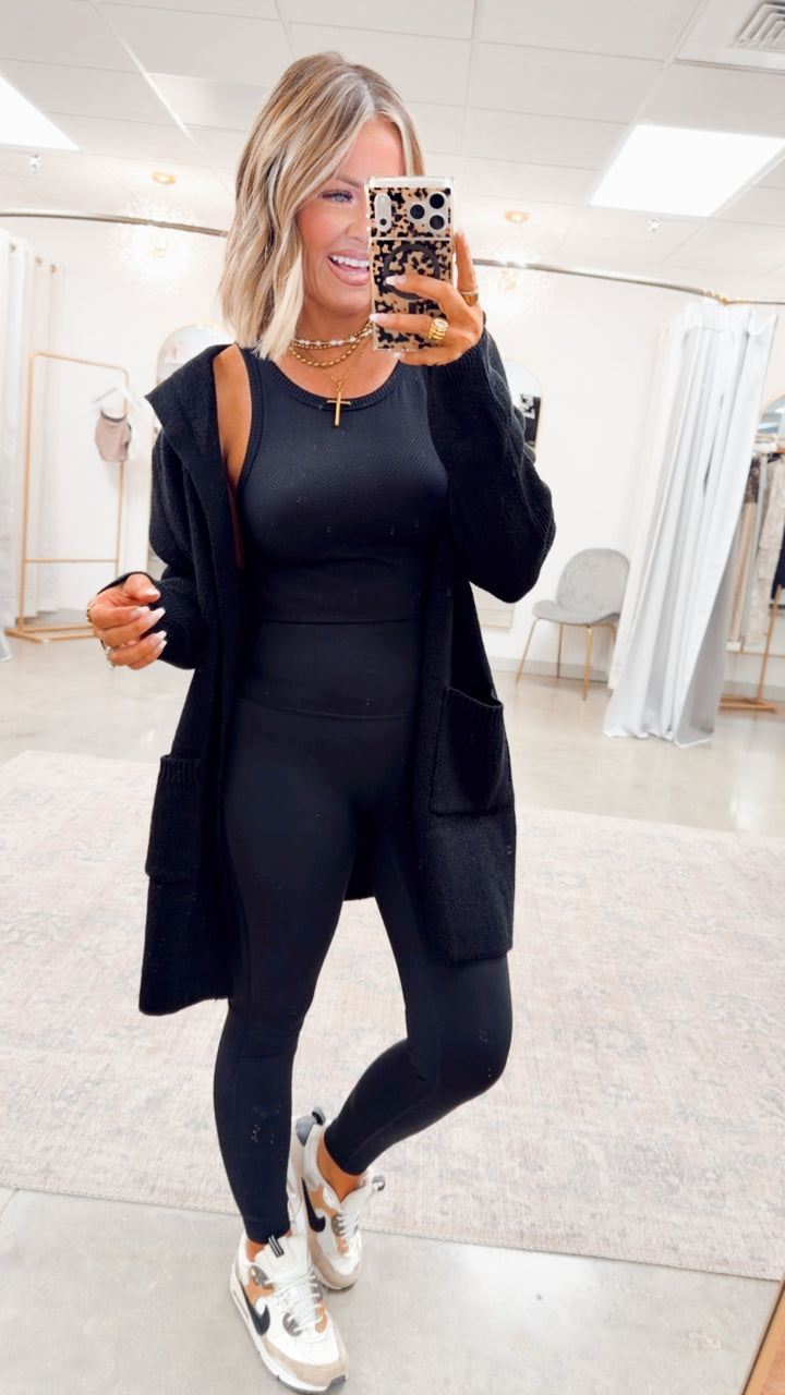 Hooded Open Front Sweater Cardigan-Black