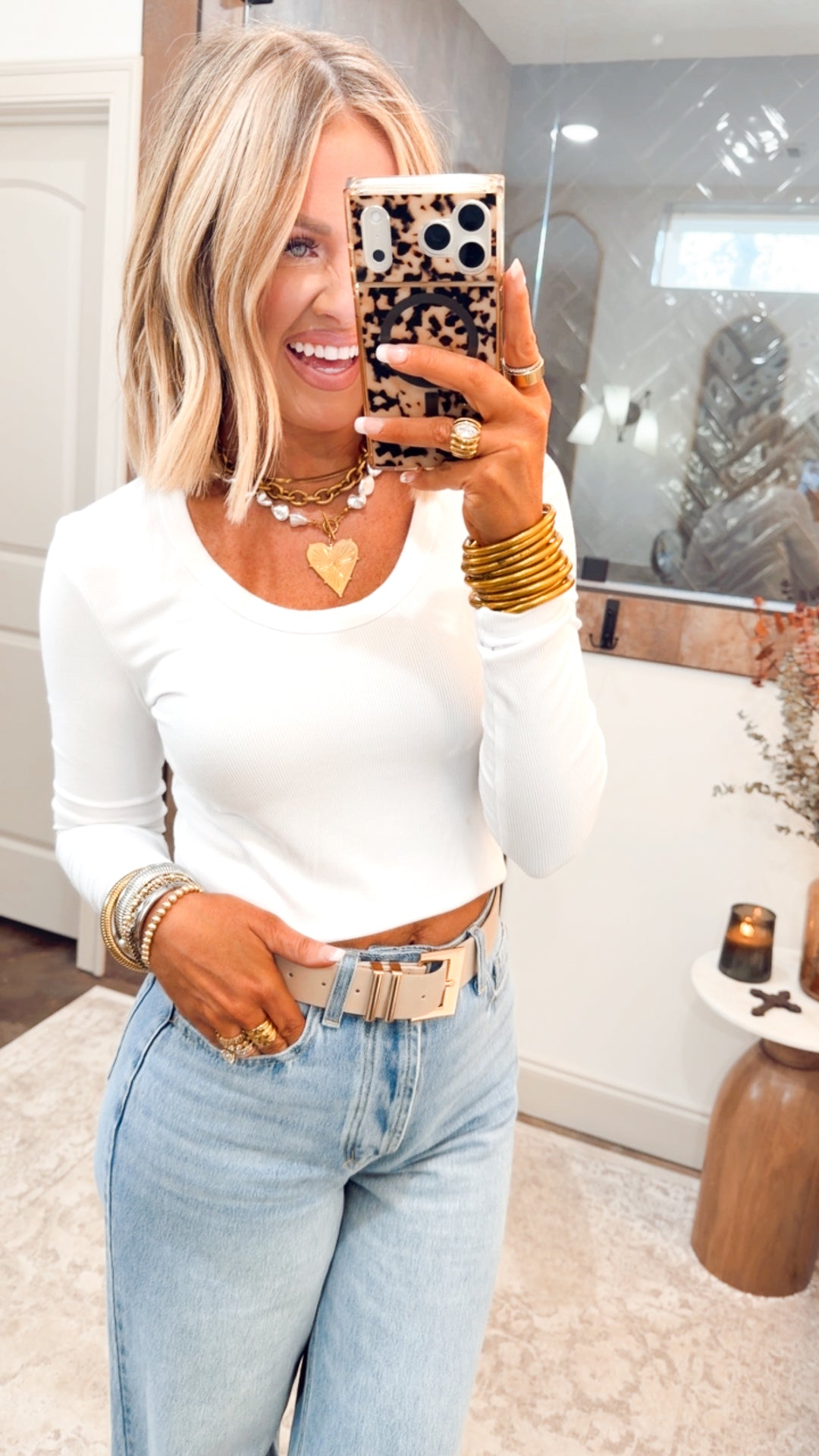 Classic Long Sleeve Scoop Neck Top-White