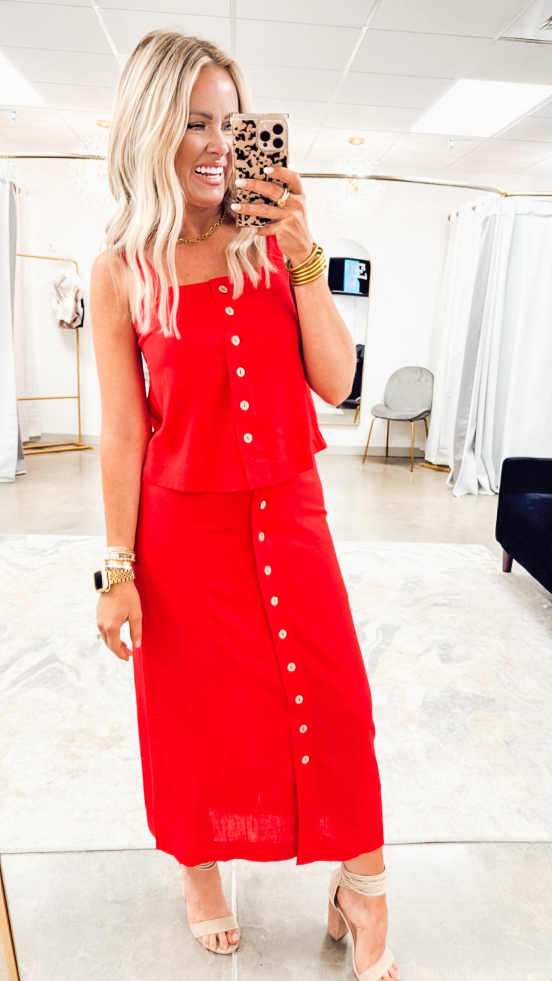 Marisol Button Down Top & Skirt-Red