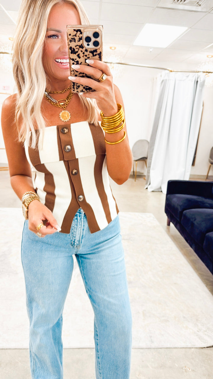Stripe Strapless Button Sweater Top- Brown