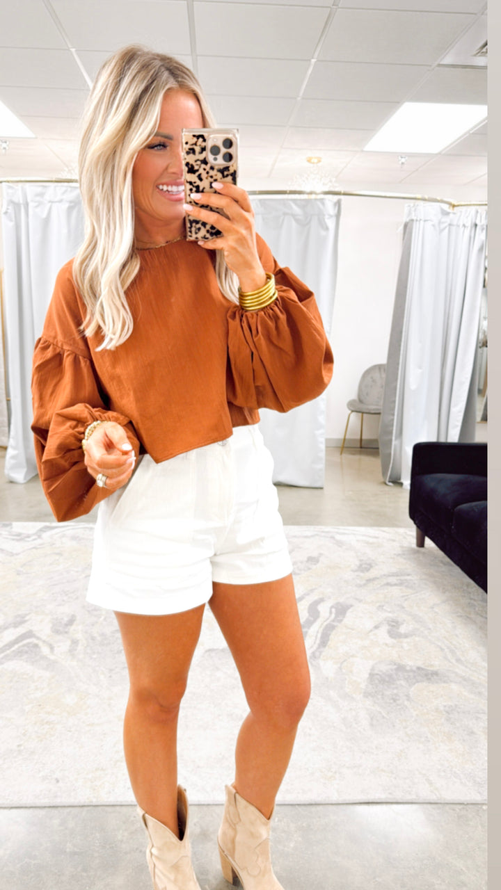 Brown Cropped Balloon Sleeve Top
