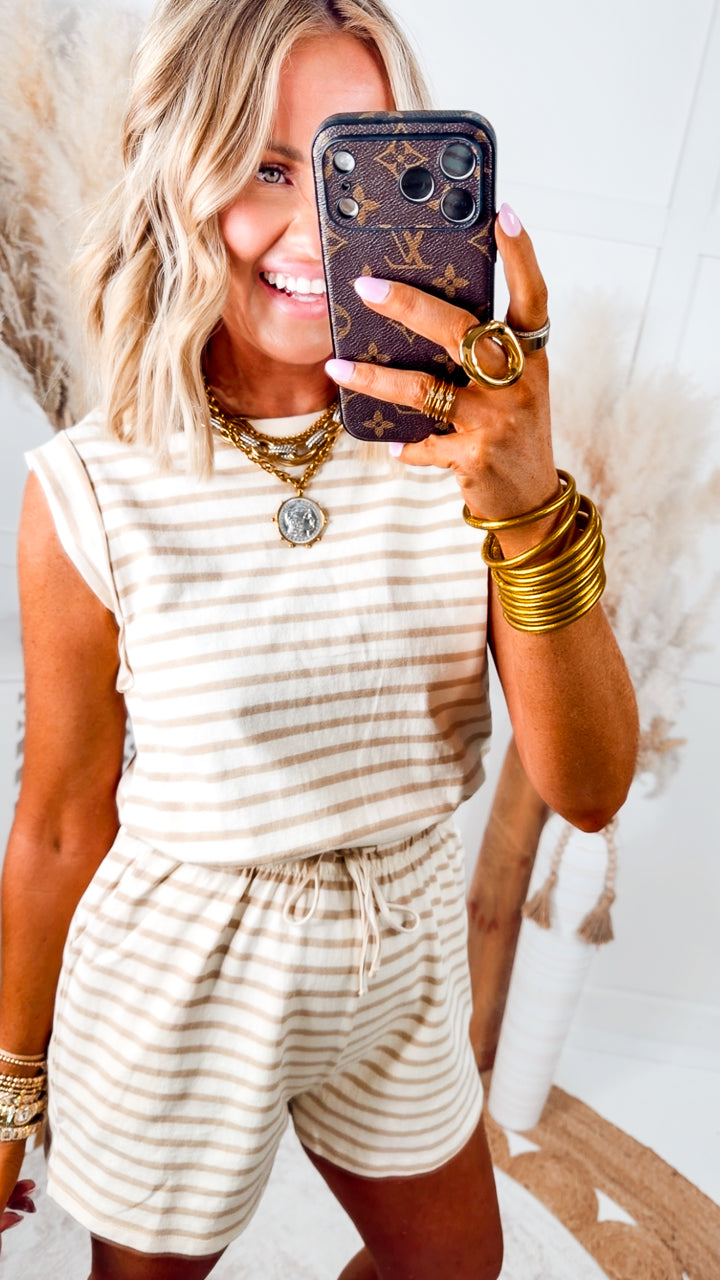 The Sadie Stripe Romper-Taupe
