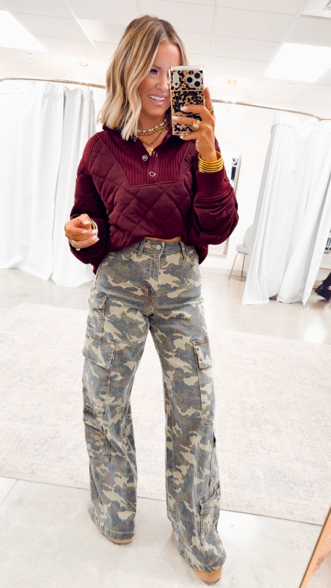 Quilted Snap Pullover-Dk Cherry