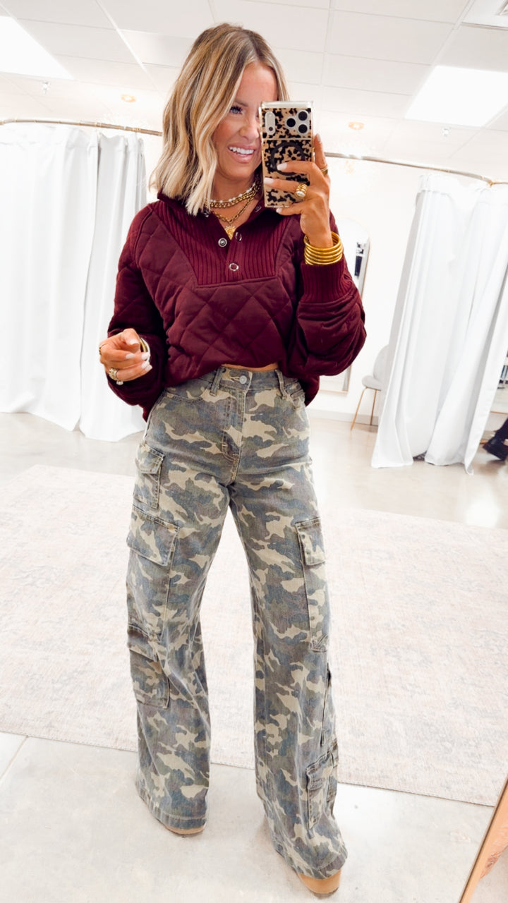 Quilted Snap Pullover-Dk Cherry