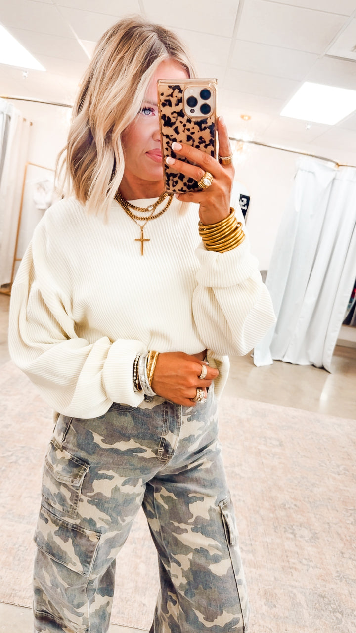 Cream Waffle Bliss Cropped Sweater