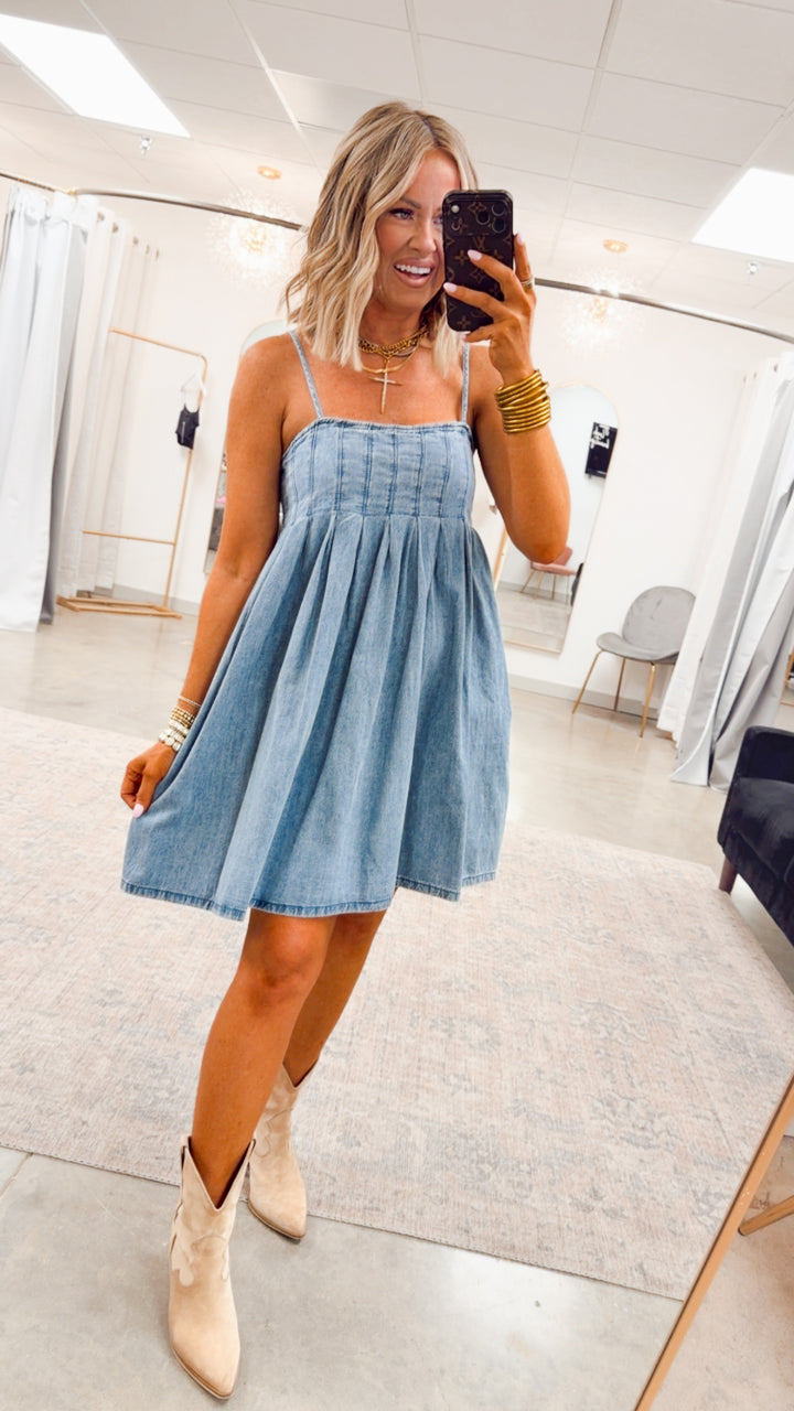 Teagan Pleated Mini Dress-Medium Denim