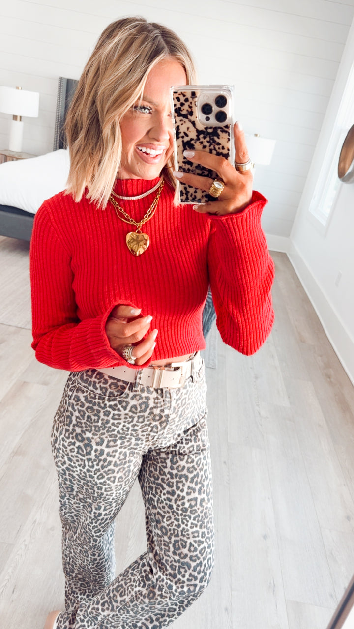 Sleek Mock Neck Ribbed Top-Red