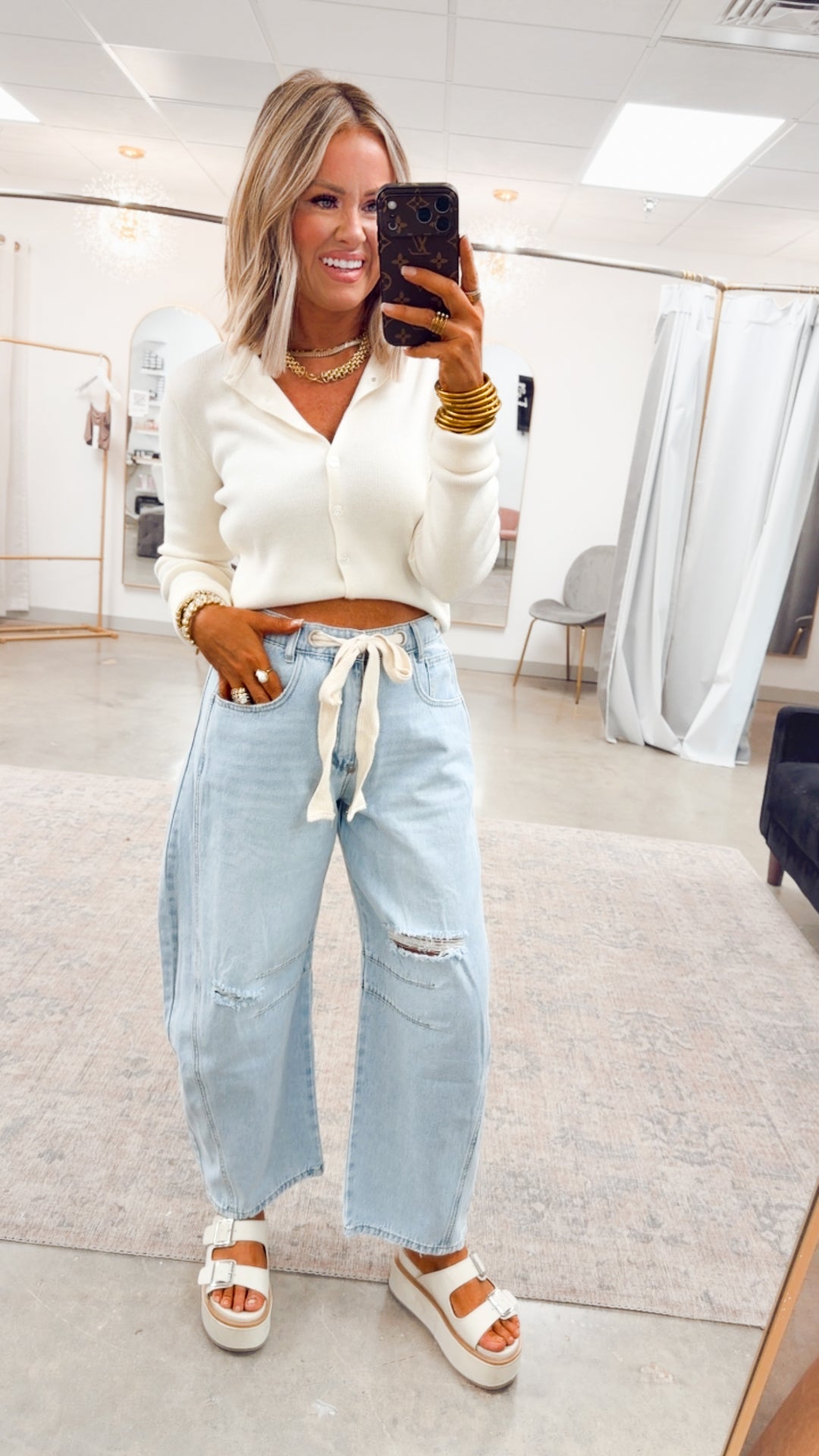 Emmie Eyelet Belted Barrel Jeans