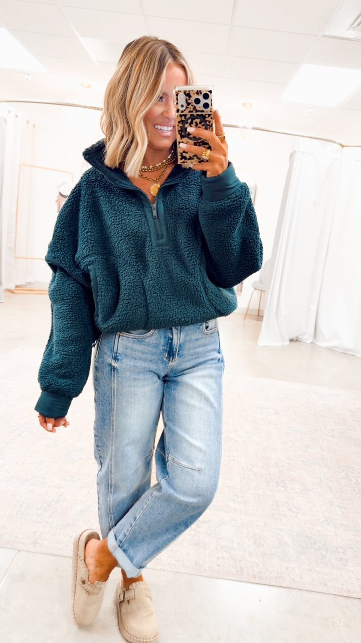 Sherpa Mock Neck Quarter Zip Jacket-Dk Green