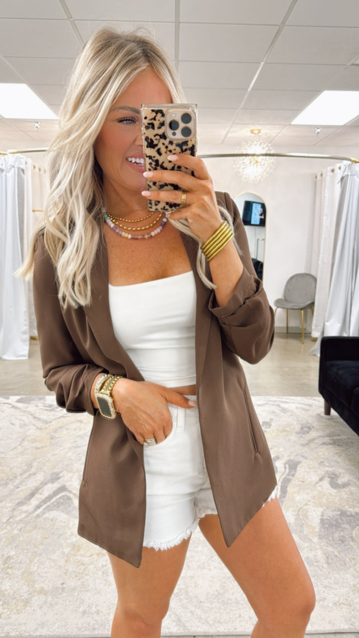 The Modern Ruched Sleeve Blazer- Mocha