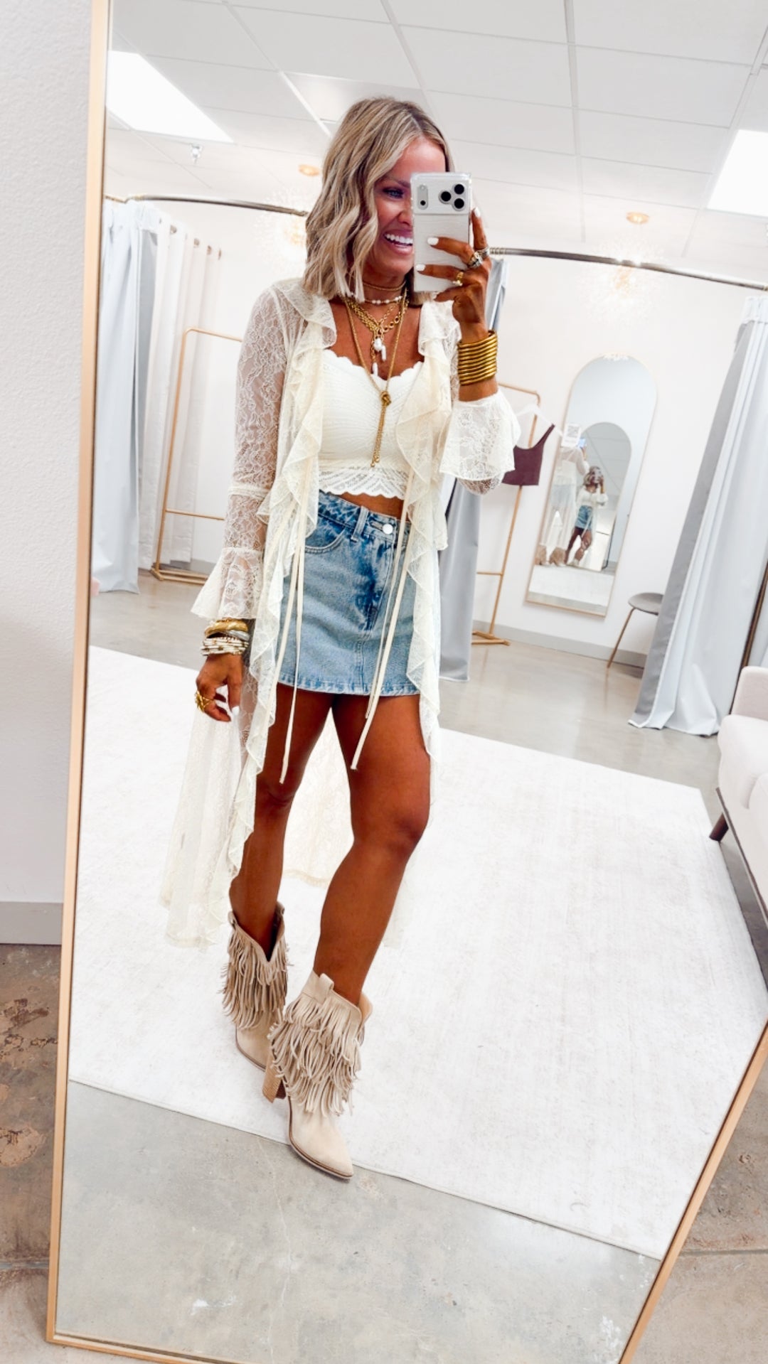 Sheer Lace Ruffle Duster-Ecru