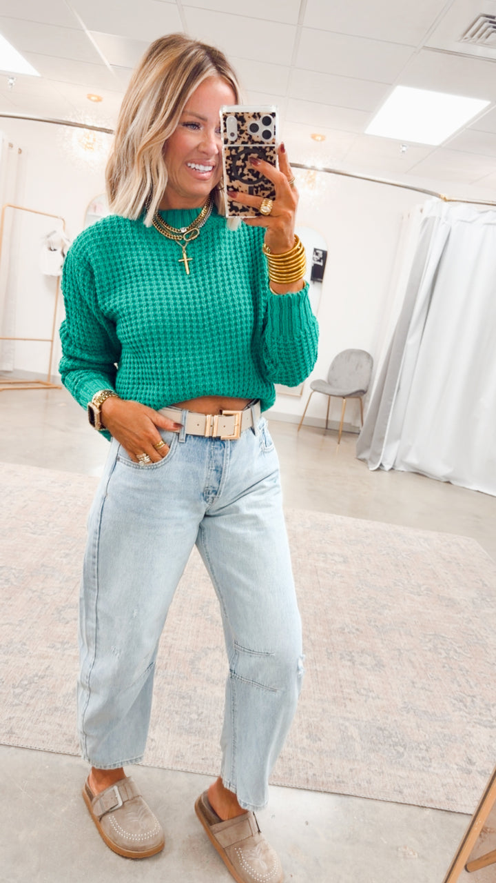 The Maren Hi-Low Waffle Knit- Green