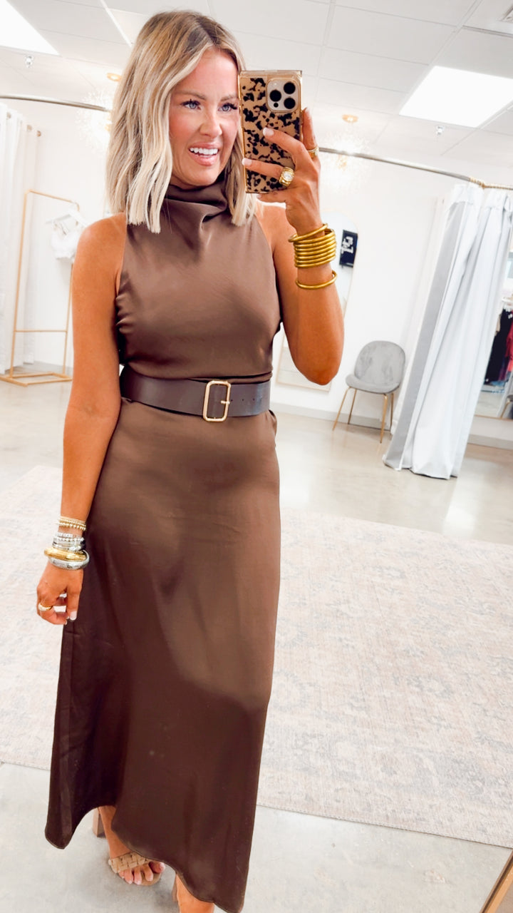 Halo High Neck Midi Dress-Brown