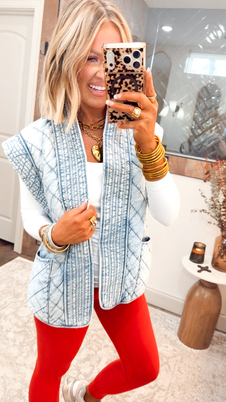 Washed Denim Quilted Shawl Vest