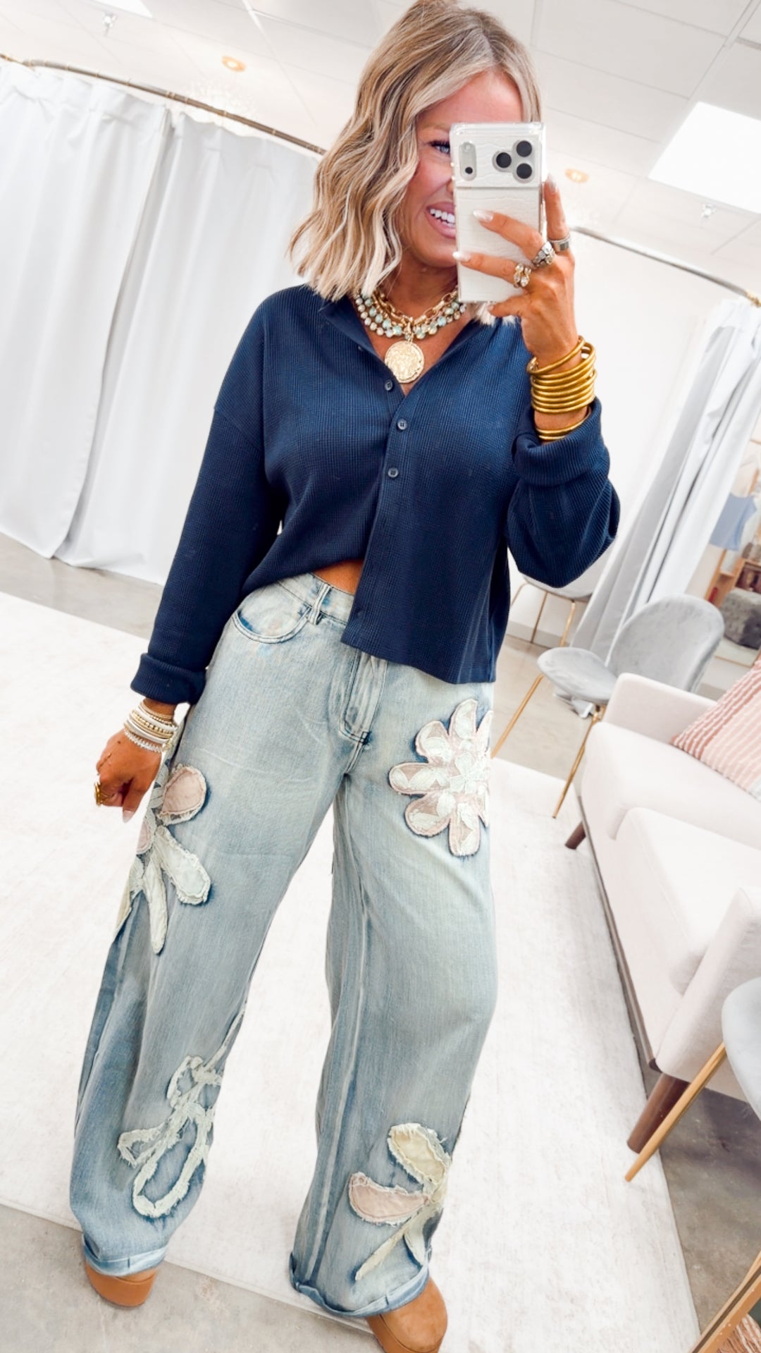 Waffle Daze Cardigan Top-Navy