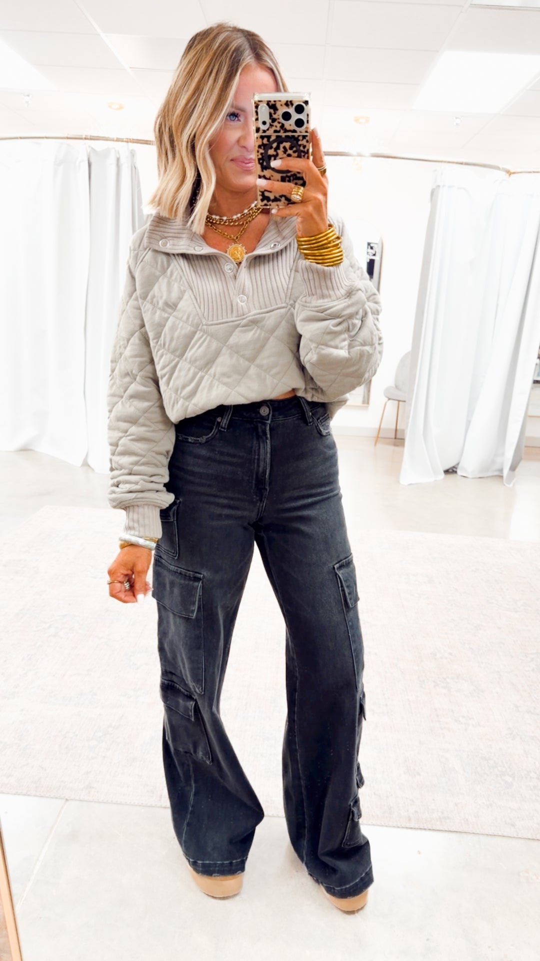 Quilted Snap Pullover-Stone Taupe