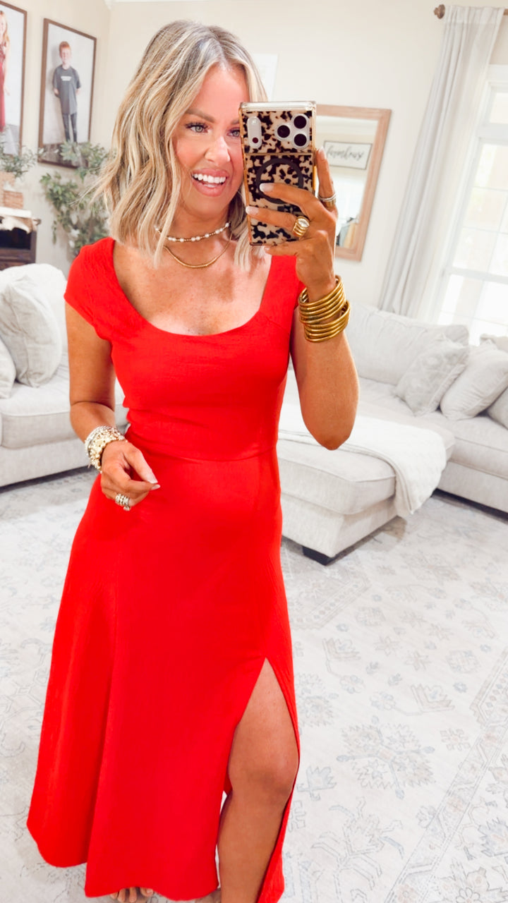 The Delaney Slit Midi Dress-Red