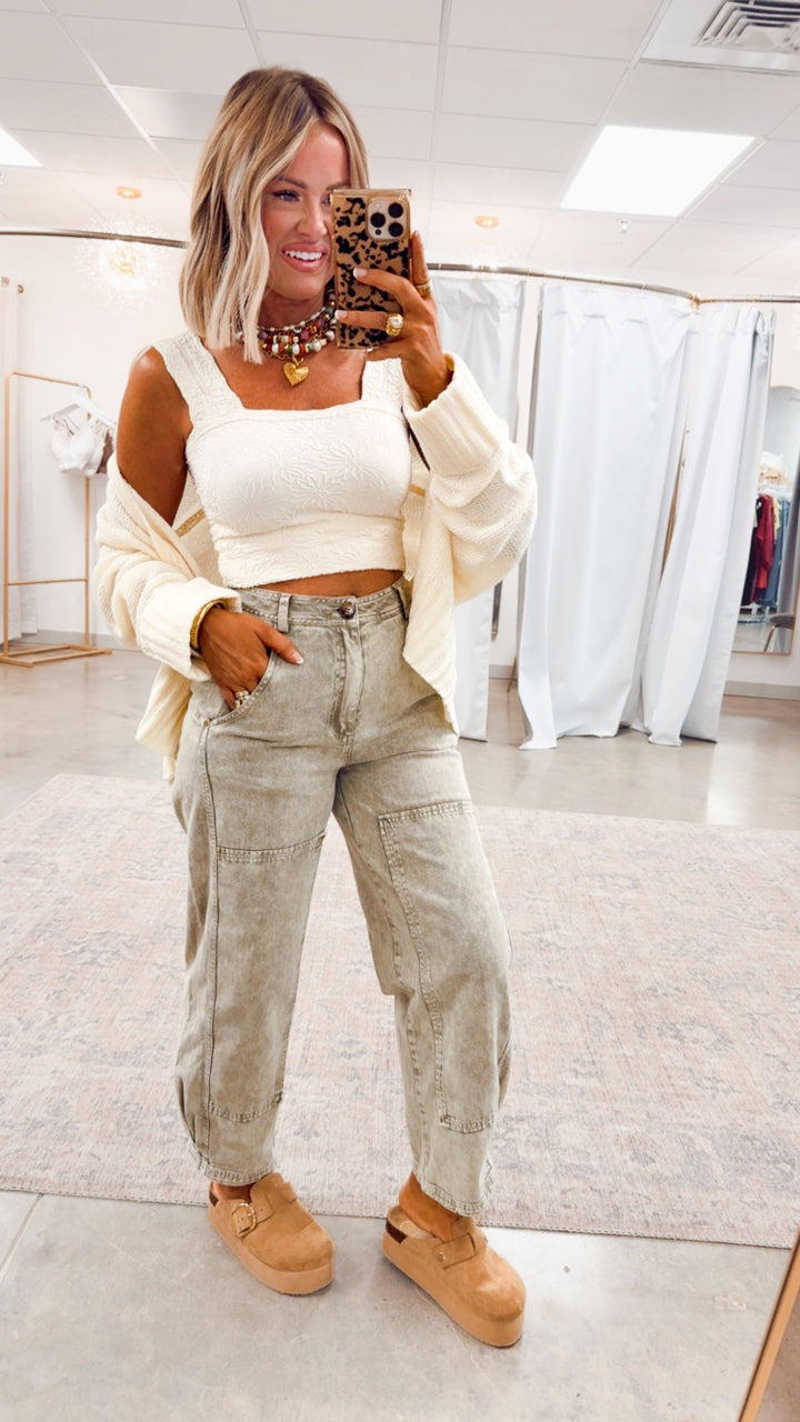 Olive Grove Mineral Wash Barrel Jeans