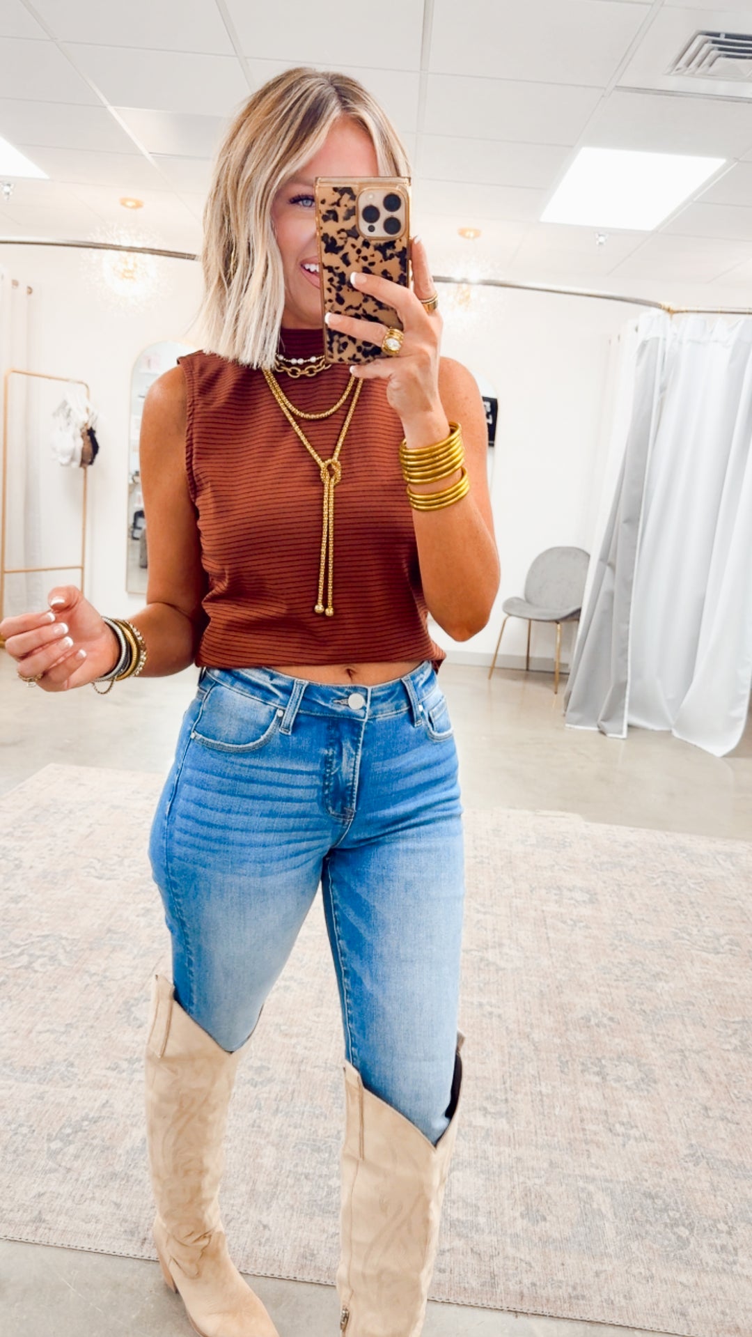 Mock Neck Sleeveless Top-Camel/Navy