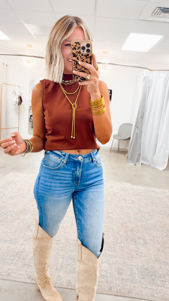 Mock Neck Sleeveless Top-Camel/Navy