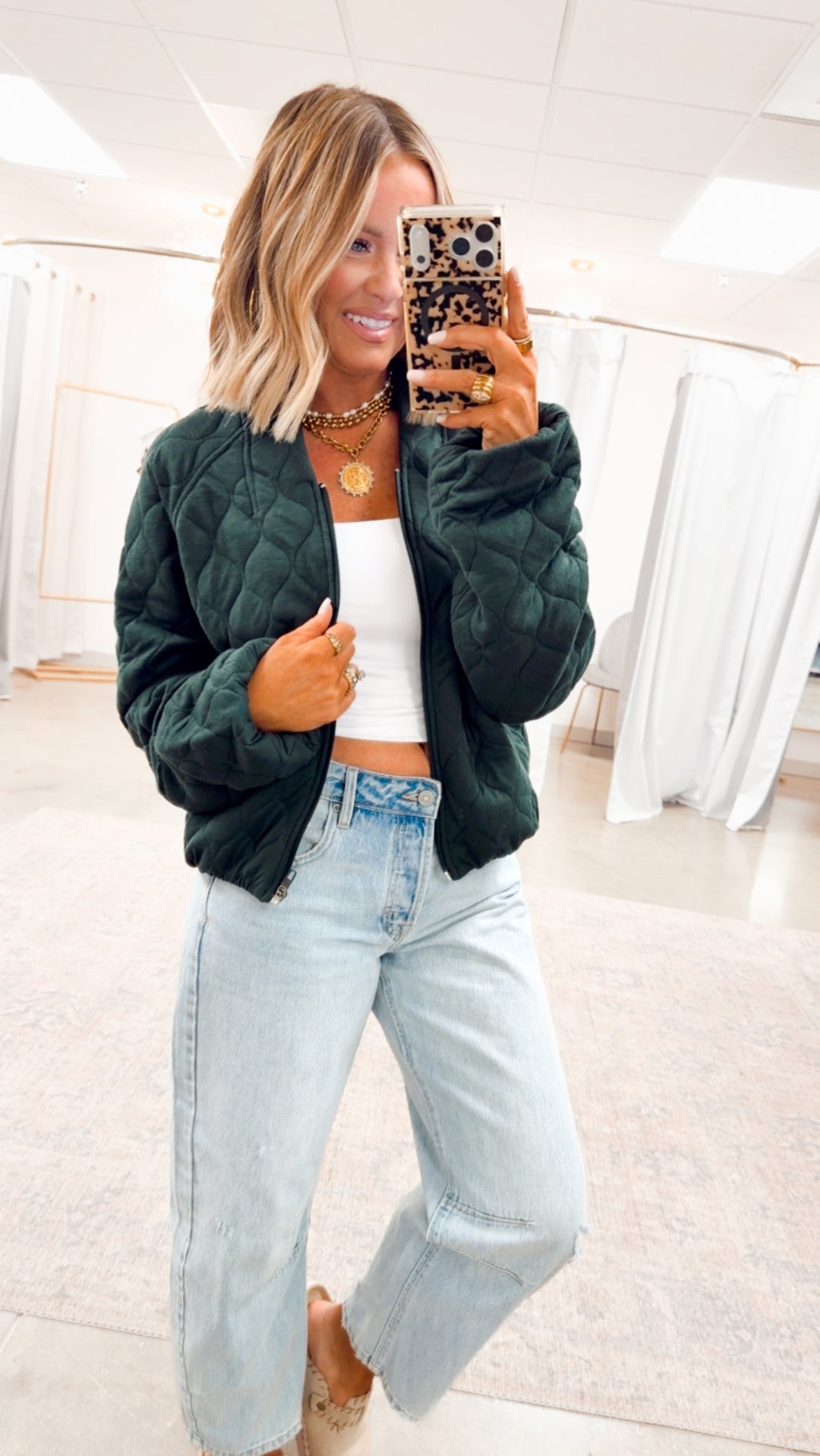 Naomi Quilted Bomber Jacket-Green