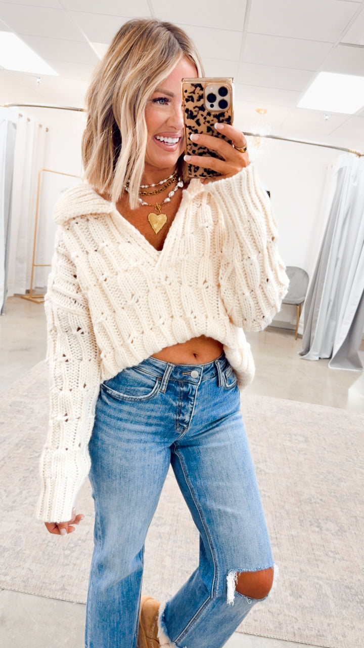 Cozy Collared Sweater Top-Cream