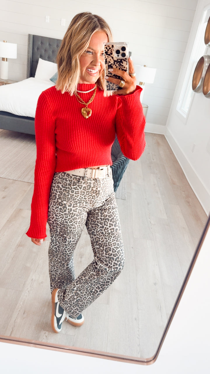 Sleek Mock Neck Ribbed Top-Red