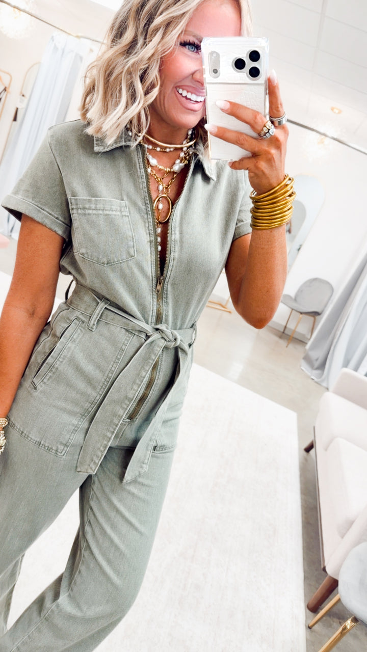 The Maverick Denim Jumpsuit-Olive