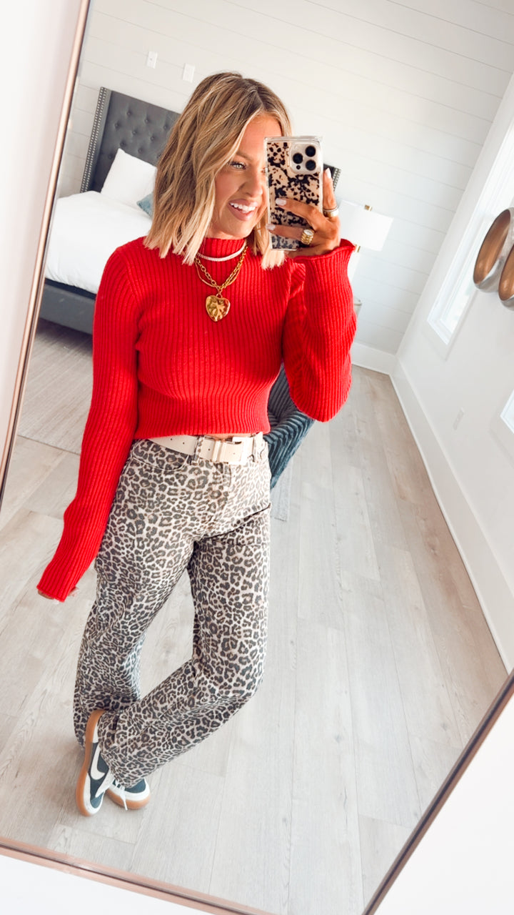 Sleek Mock Neck Ribbed Top-Red