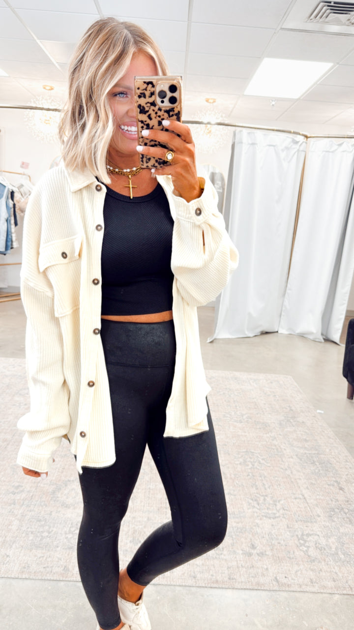 Oversized Waffle Shacket-Cream