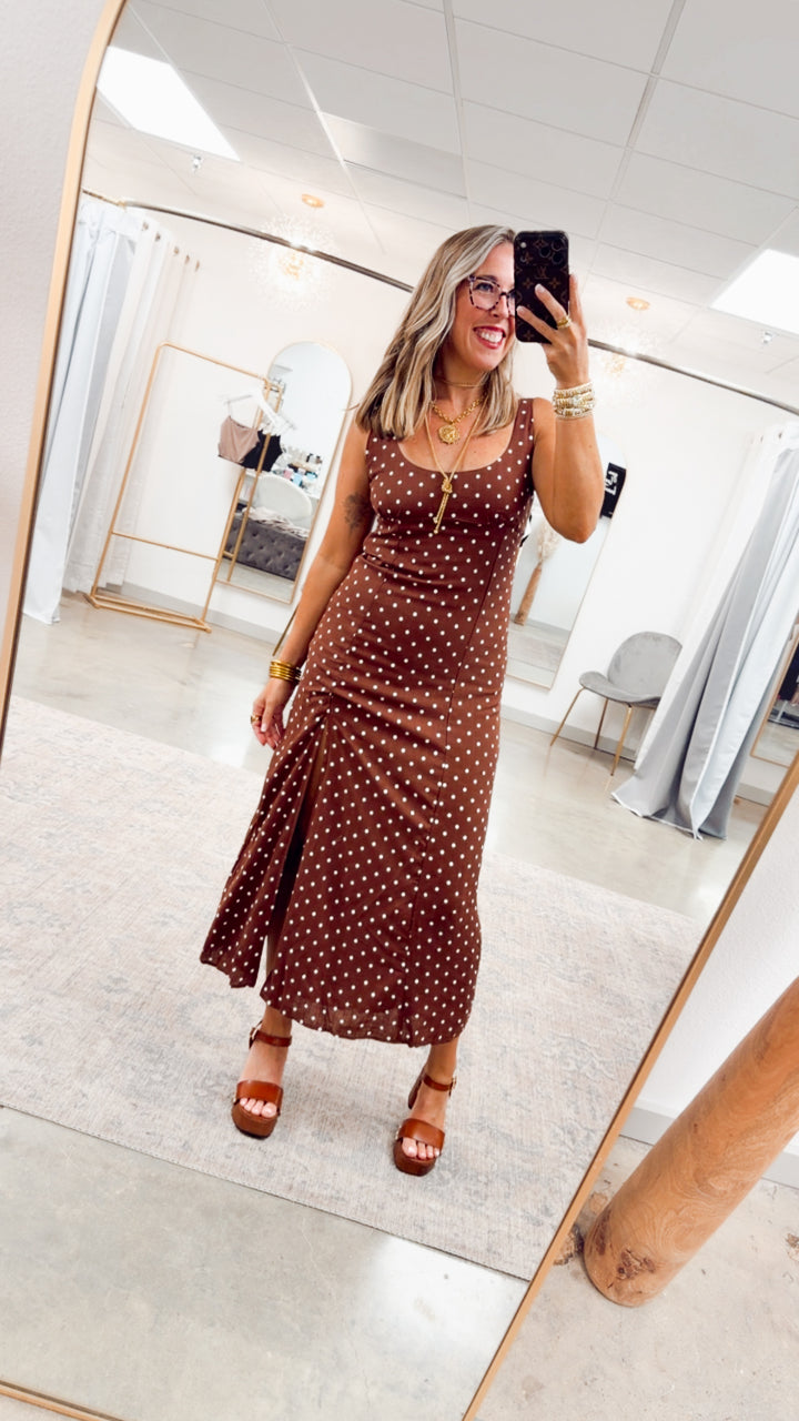 The Clara Polka Midi Dress-Chestnut