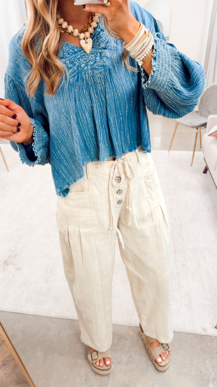 The Winder Embroidered Top-Denim Blue